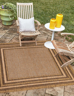 Light Brown 6' x 6' Outdoor Border Square Area Rug Weather Resistant for Patio, Deck, Terrace, Balcony, Porch 100% Polypropylene Classic Bordered Carpet for Sale at Rug Engine