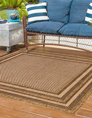 Light Brown 6' x 6' Outdoor Border Square Area Rug Weather Resistant for Patio, Deck, Terrace, Balcony, Porch 100% Polypropylene Classic Bordered Carpet for Sale at Rug Engine