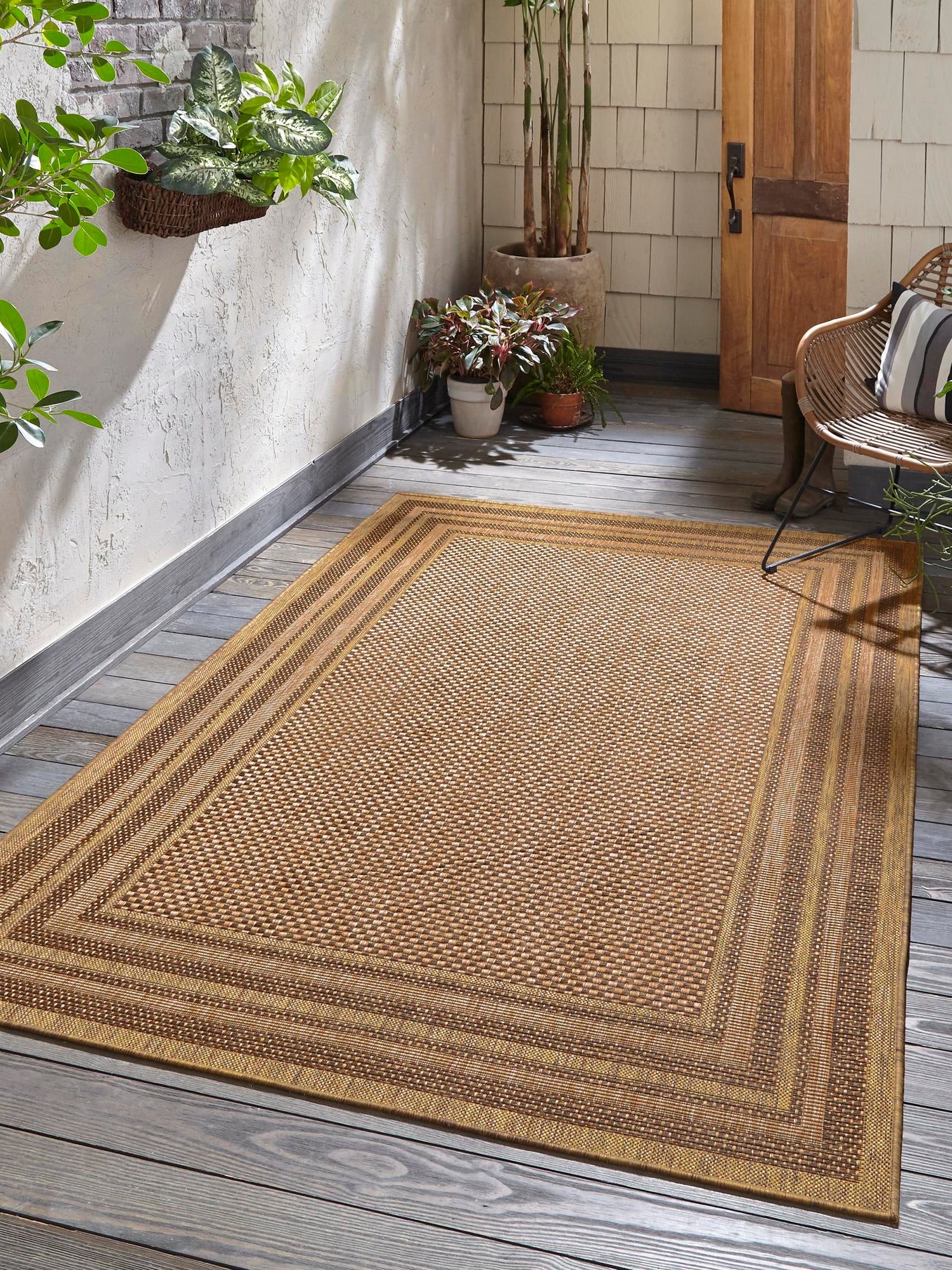 Light Brown 3' 3 x 5' Outdoor Border Rectangle Area Rug Weather Resistant for Patio, Deck, Terrace, Balcony, Porch