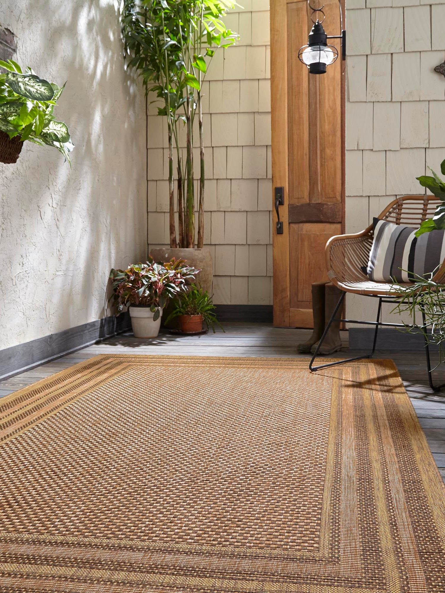 Light Brown 3' 3 x 5' Outdoor Border Rectangle Area Rug Weather Resistant for Patio, Deck, Terrace, Balcony, Porch