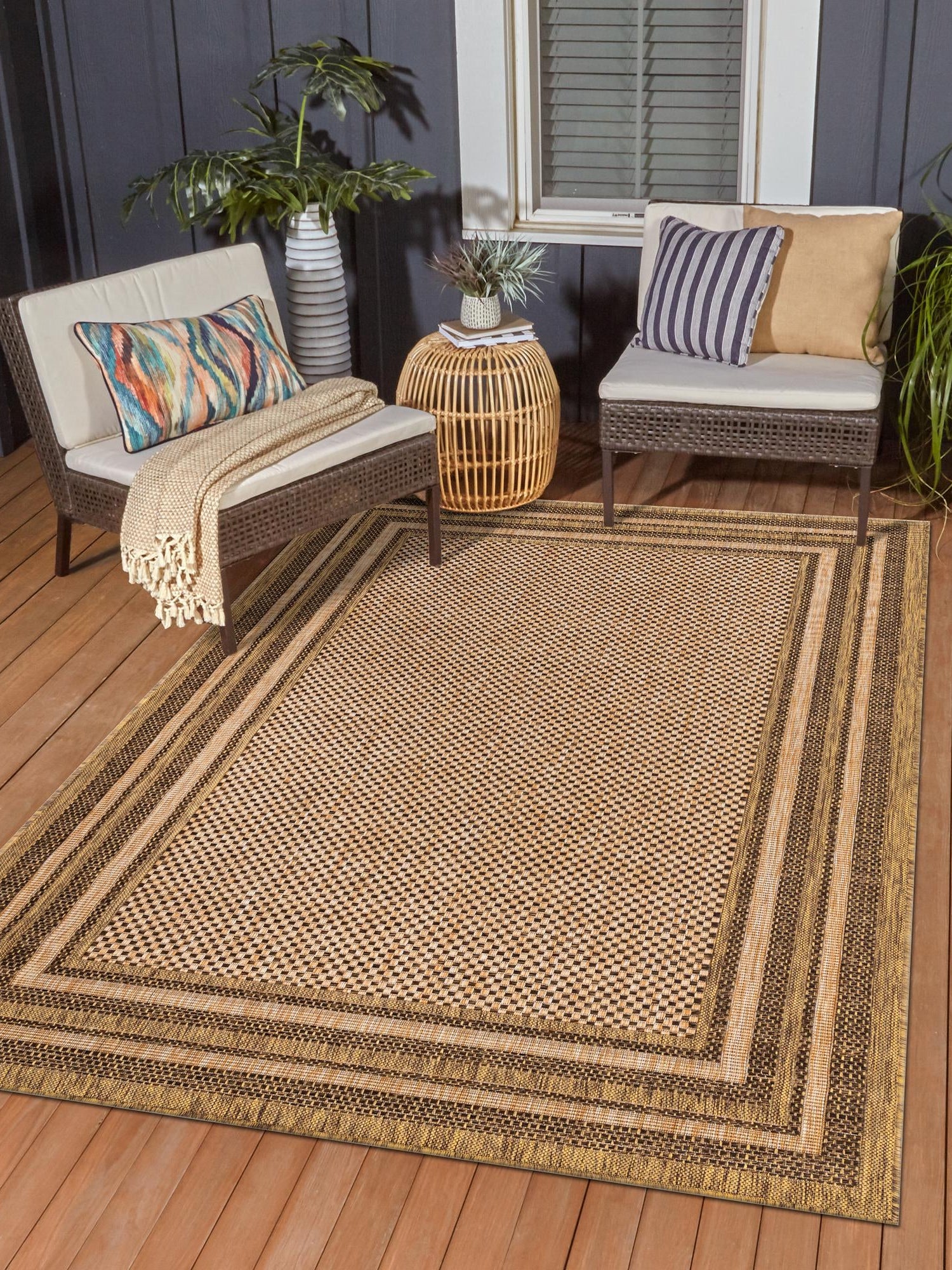 Light Brown 3' 3 x 5' Outdoor Border Rectangle Area Rug Weather Resistant for Patio, Deck, Terrace, Balcony, Porch