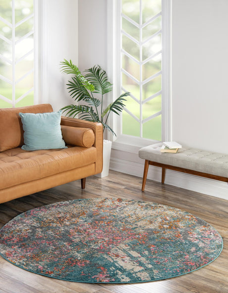 Blue 6' 1 x 6' 1 Aurora Round Area Rug 60% Polypropylene & 40% Polyester Living Dining Room Bedroom Office Modern Decor Carpet for Sale at Rug Engine