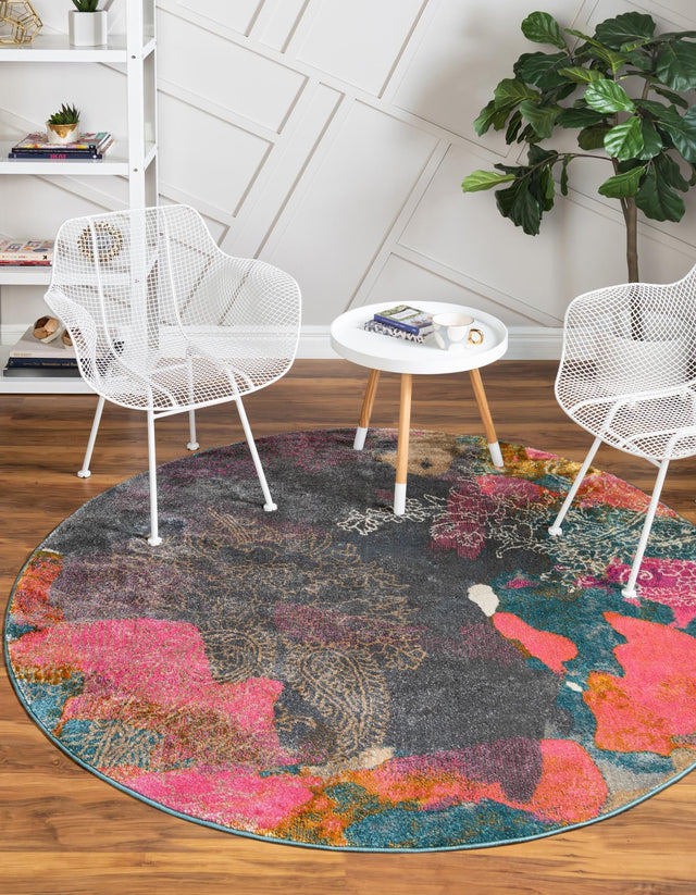 Gray 6' 1 x 6' 1 Aurora Round Area Rug 60% Polypropylene & 40% Polyester Living Dining Room Bedroom Office Modern Decor Carpet for Sale at Rug Engine