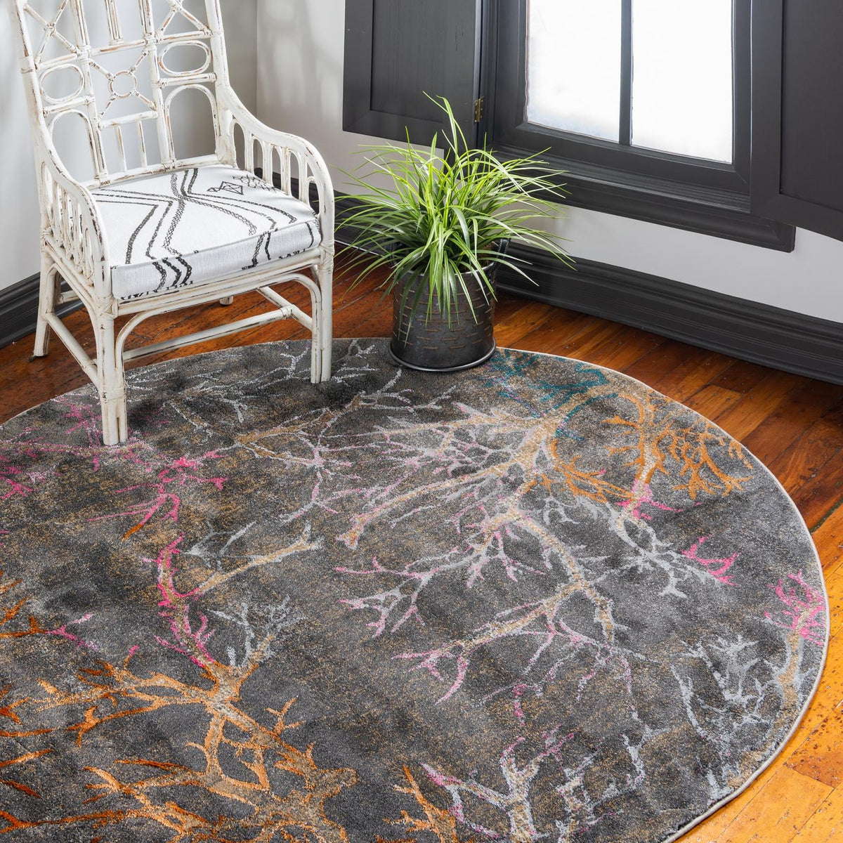 Gray 8' x 8' Aurora Round Area Rug 60% Polypropylene & 40% Polyester L ...