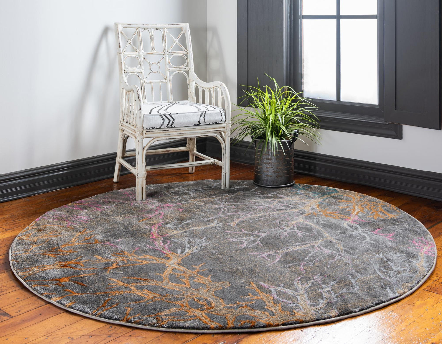 Gray 8' x 8' Aurora Round Area Rug 60% Polypropylene & 40% Polyester Living Dining Room Bedroom Office Modern Decor Carpet for Sale at Rug Engine
