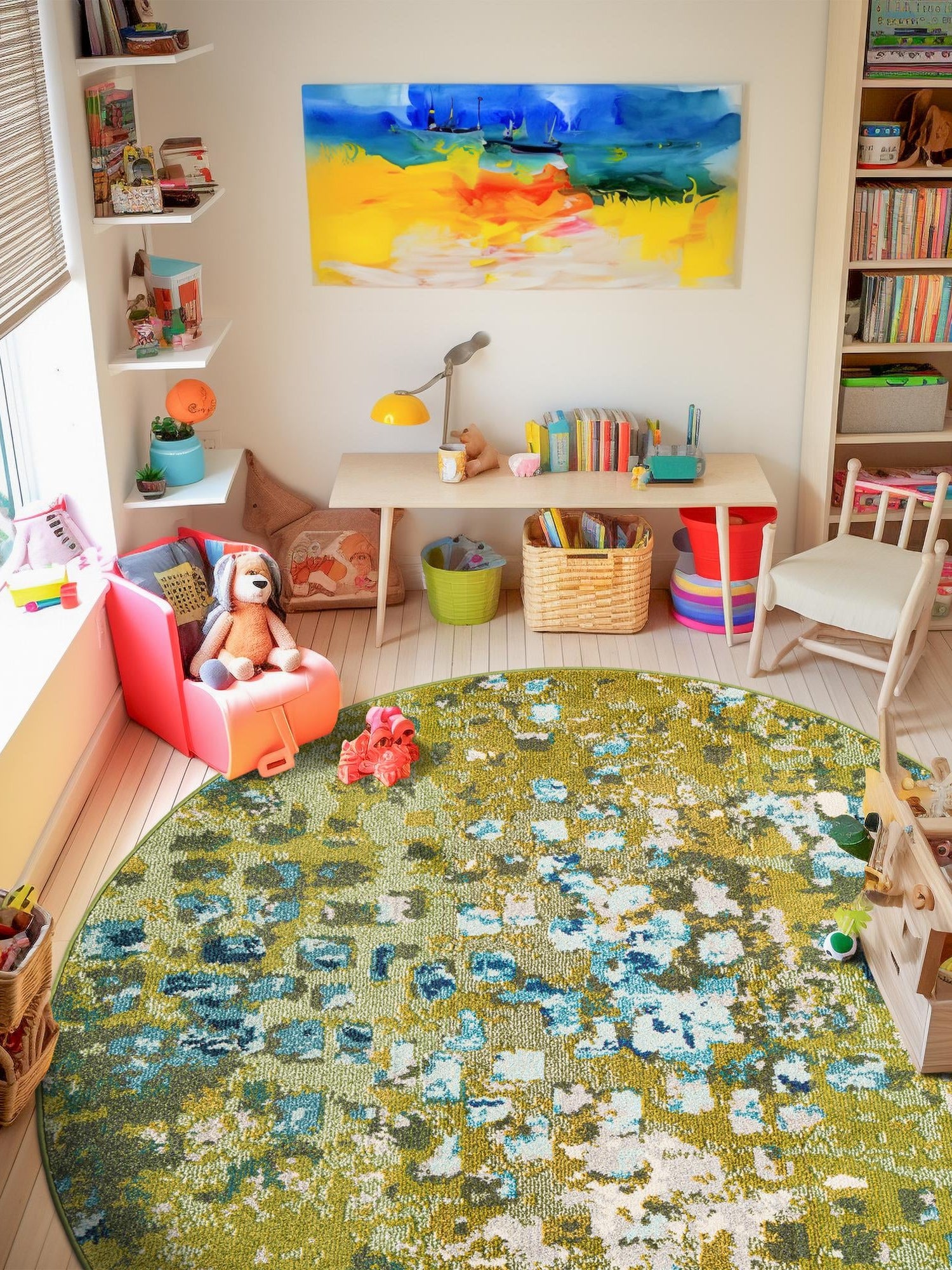 Green 8' x 8' Jardin Round Area Rug 100% Polypropylene With Cotton Backing Colorful & Vivid Modern Carpet for Home Decor for Sale at Rug Engine