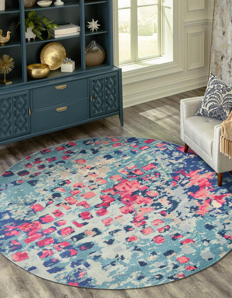 Blue 6' 1 x 6' 1 Jardin Round Area Rug 100% Polypropylene With Cotton Backing Colorful & Vivid Modern Carpet for Home Decor for Sale at Rug Engine
