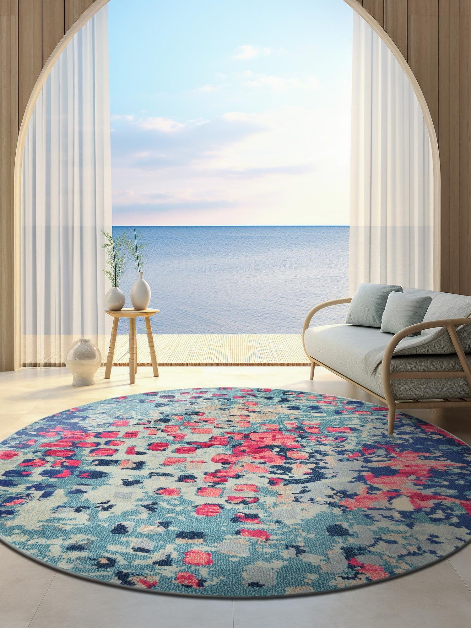 Blue 8' x 8' Jardin Round Area Rug 100% Polypropylene With Cotton Backing Colorful & Vivid Modern Carpet for Home Decor for Sale at Rug Engine