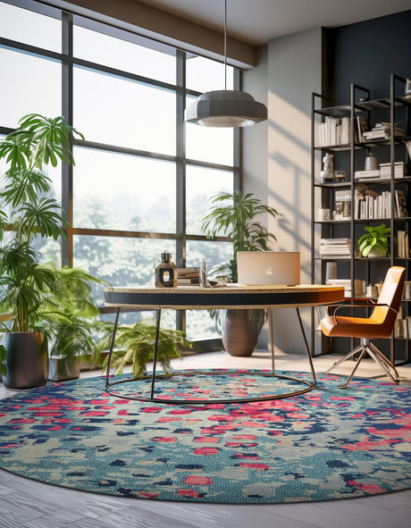 Blue 8' x 8' Jardin Round Area Rug 100% Polypropylene With Cotton Backing Colorful & Vivid Modern Carpet for Home Decor for Sale at Rug Engine