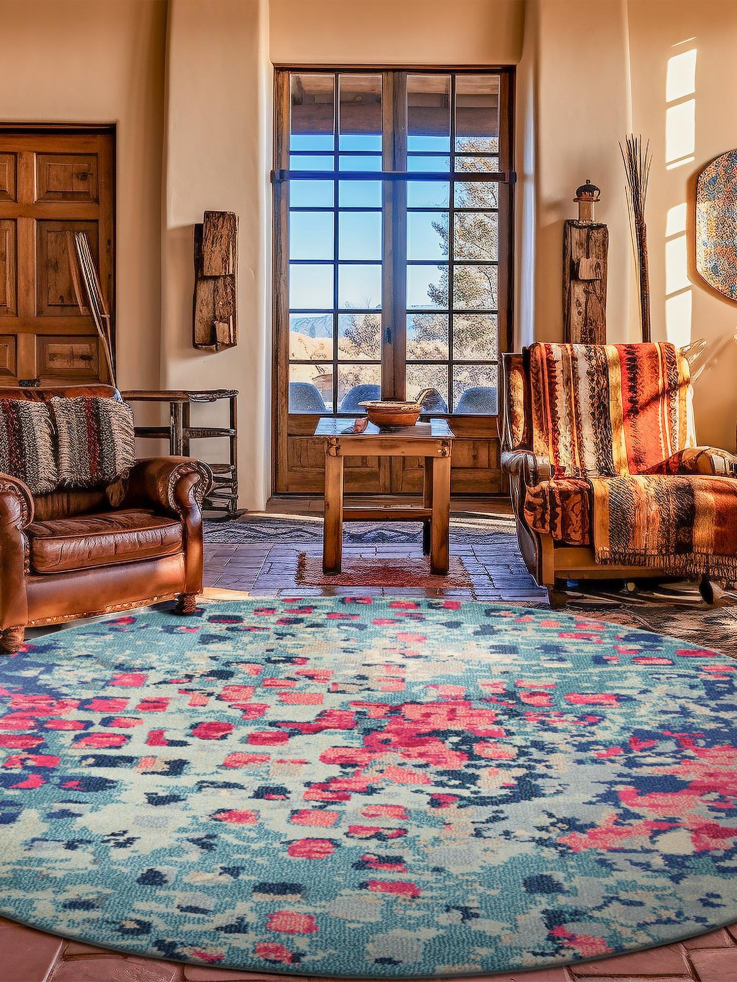 Blue 8' x 8' Jardin Round Area Rug 100% Polypropylene With Cotton Backing Colorful & Vivid Modern Carpet for Home Decor for Sale at Rug Engine