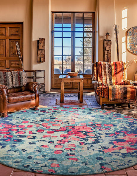 Blue 8' x 8' Jardin Round Area Rug 100% Polypropylene With Cotton Backing Colorful & Vivid Modern Carpet for Home Decor for Sale at Rug Engine