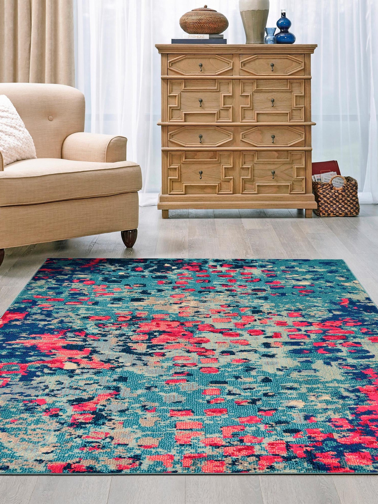 Blue 4' 1 x 6' 1 Jardin Rectangle Area Rug 100% Polypropylene With Cotton Backing Colorful & Vivid Modern Carpet for Home Decor for Sale at Rug Engine