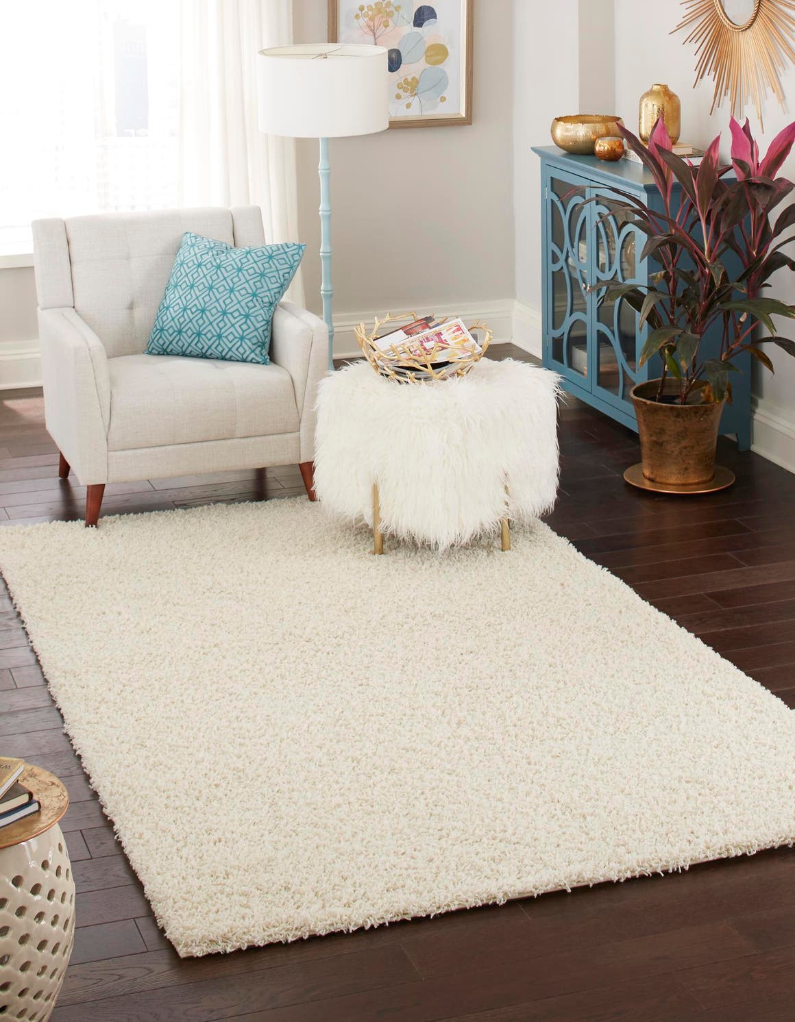 Pure Ivory 10' x 13' 1 Solid Shag Rectangle Area Rug Thick Soft Touch Fluffy & Plush Shaggy Pile Durable Minimalist Carpet for Classic Interior Design for Sale at Rug Engine