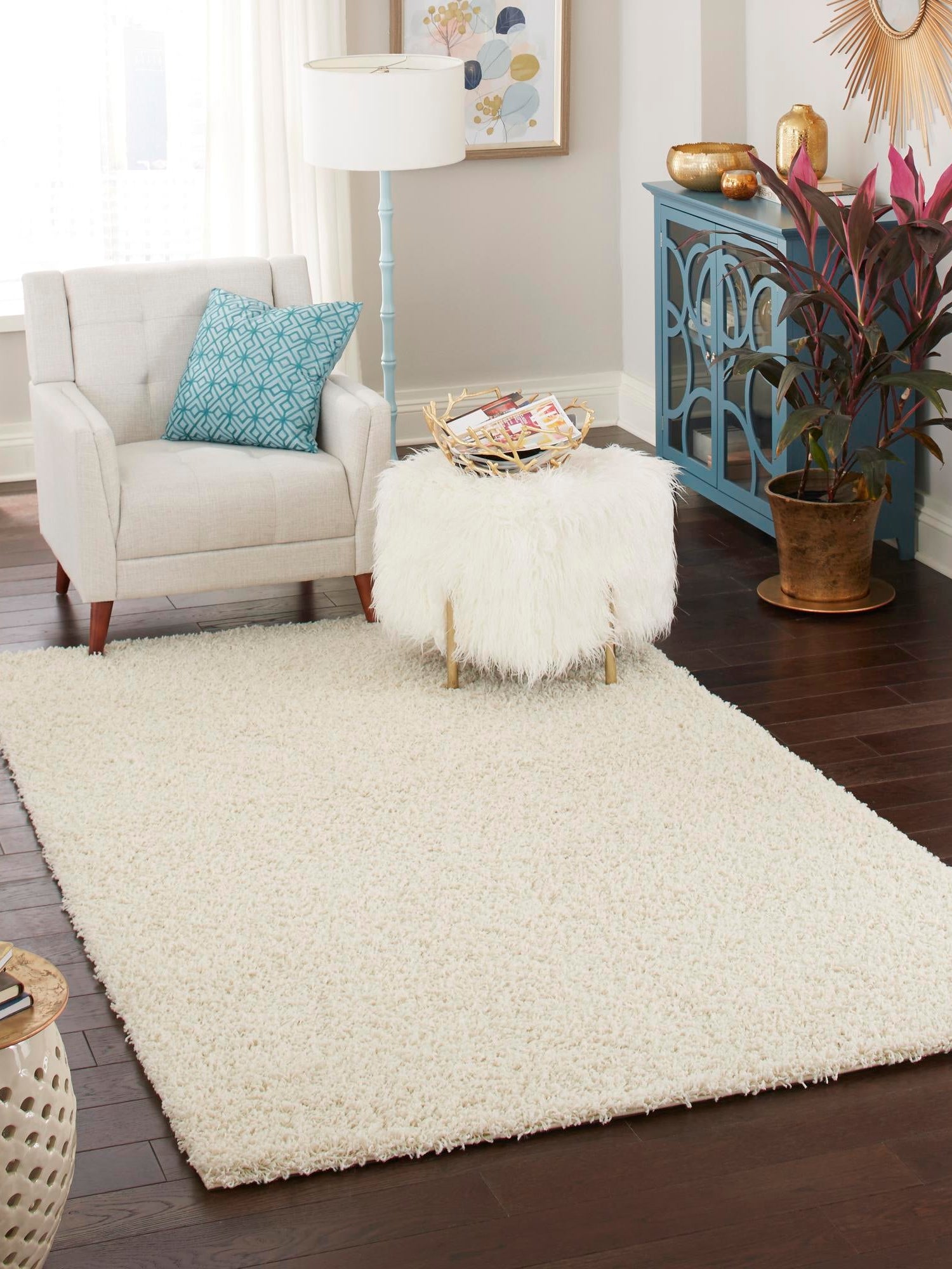 Pure Ivory 1' x 1' Solid Shag Sample Area Rug Thick Soft Touch Fluffy & Plush Shaggy Pile Durable Minimalist Carpet for Classic Interior Design for Sale at Rug Engine