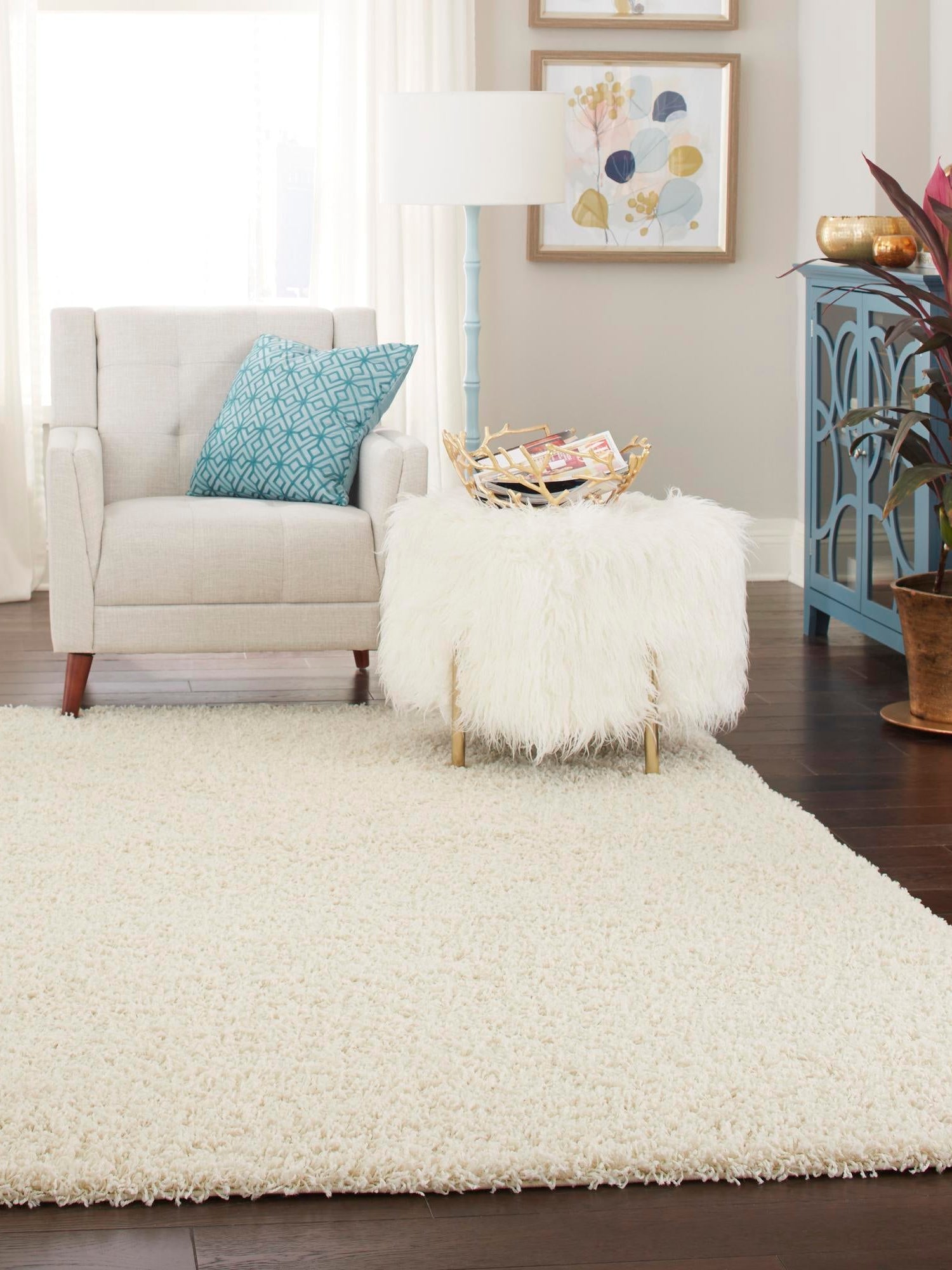 Pure Ivory 4' 1 x 6' 1 Solid Shag Rectangle Area Rug Thick Soft Touch Fluffy & Plush Shaggy Pile Durable Minimalist Carpet for Classic Interior Design for Sale at Rug Engine
