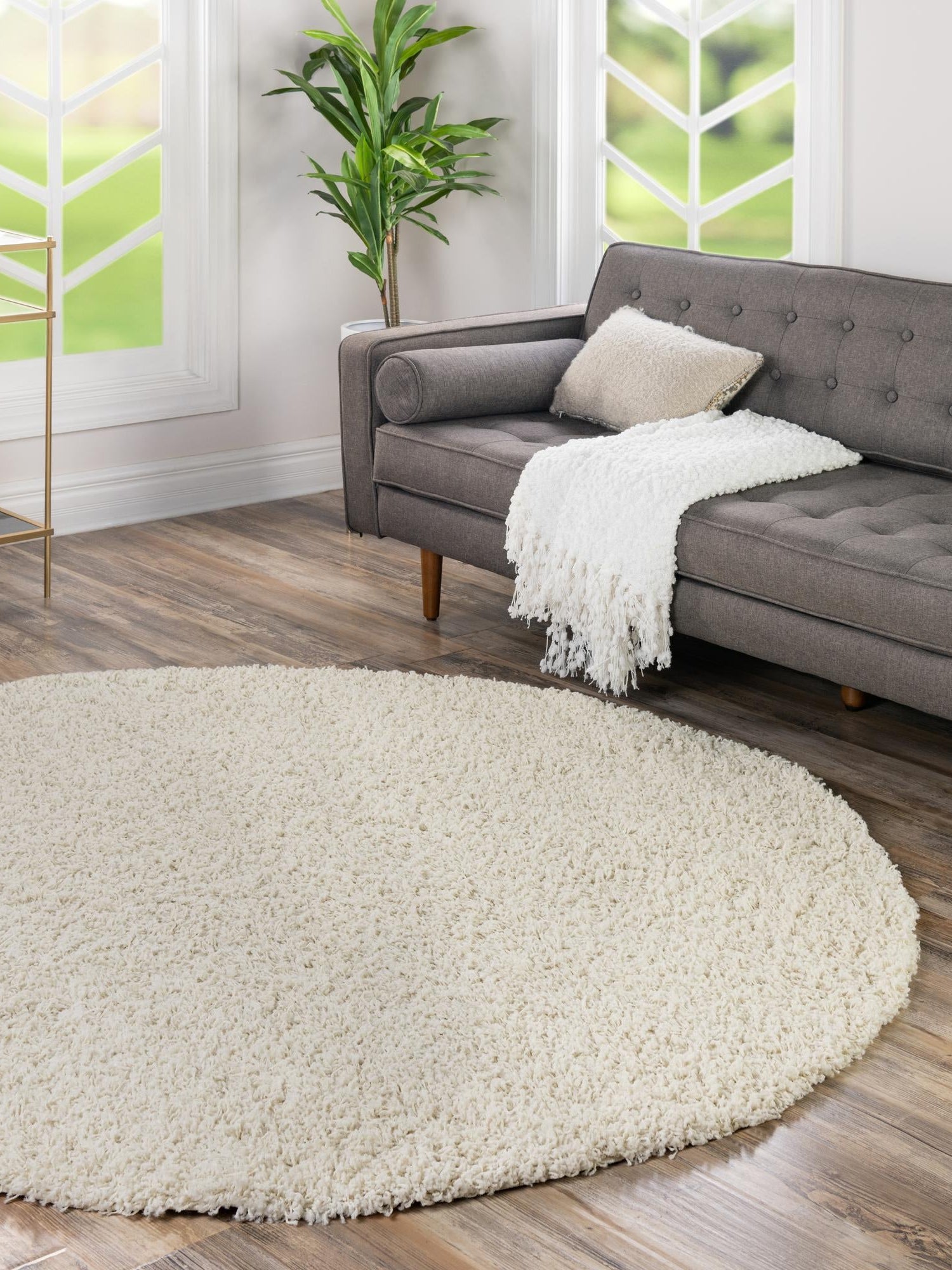Pure Ivory 6' 1 x 6' 1 Solid Shag Round Area Rug Thick Soft Touch Fluffy & Plush Shaggy Pile Durable Minimalist Carpet for Classic Interior Design for Sale at Rug Engine