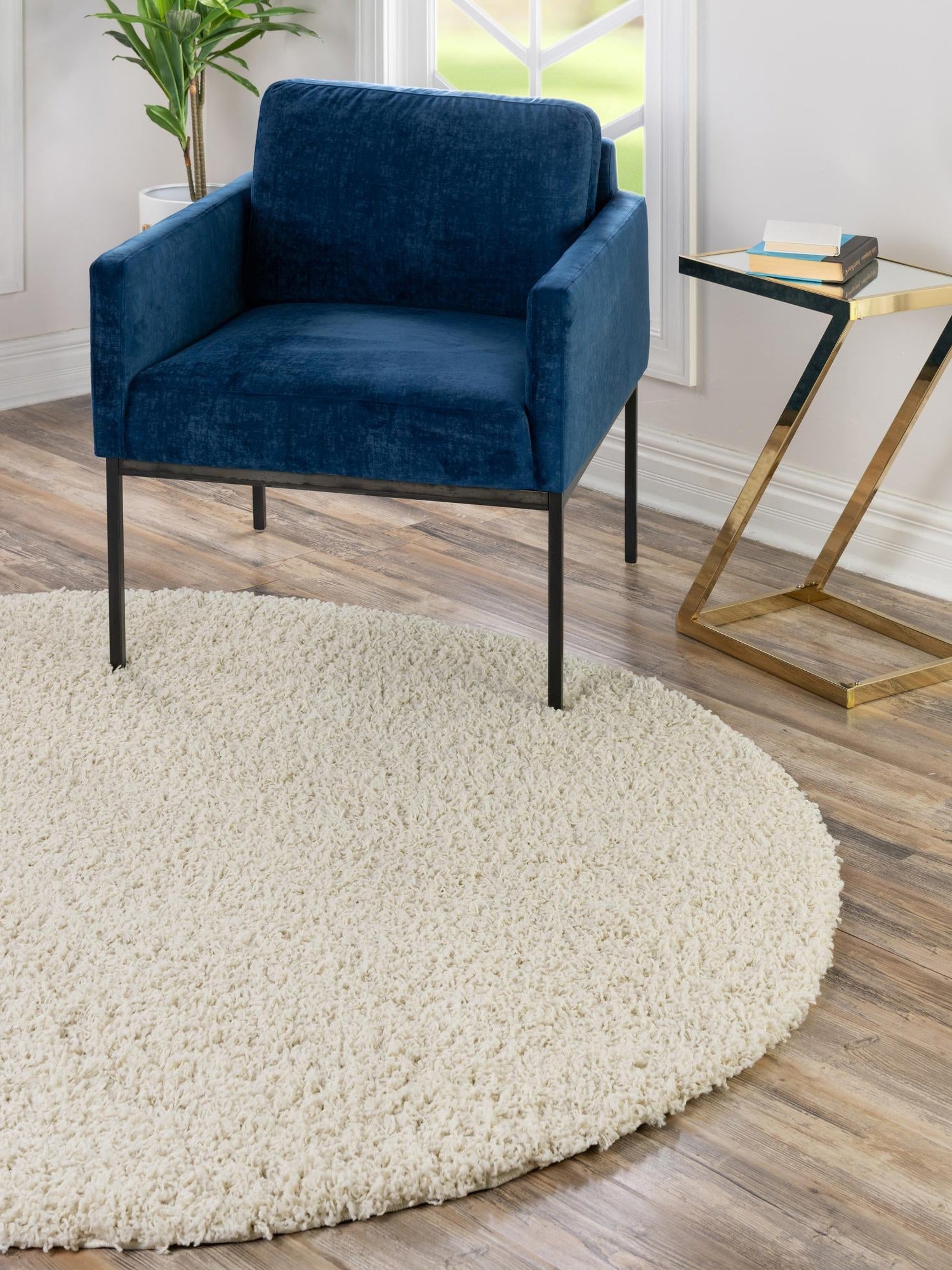 Pure Ivory 5' 3 x 5' 3 Solid Shag Round Area Rug Thick Soft Touch Fluffy & Plush Shaggy Pile Durable Minimalist Carpet for Classic Interior Design for Sale at Rug Engine