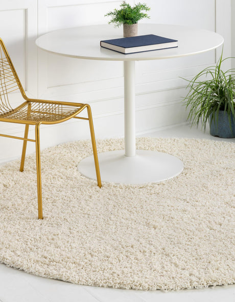 Pure Ivory 5' 3 x 5' 3 Solid Shag Round Area Rug Thick Soft Touch Fluffy & Plush Shaggy Pile