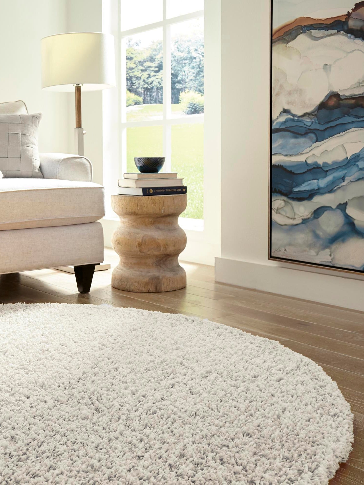 Pure Ivory 5' 3 x 5' 3 Solid Shag Round Area Rug Thick Soft Touch Fluffy & Plush Shaggy Pile Durable Minimalist Carpet for Classic Interior Design for Sale at Rug Engine