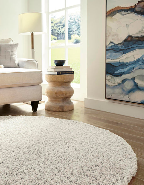Pure Ivory 7' 10 x 7' 10 Solid Shag Round Area Rug Thick Soft Touch Fluffy & Plush Shaggy Pile Durable Minimalist Carpet for Classic Interior Design for Sale at Rug Engine