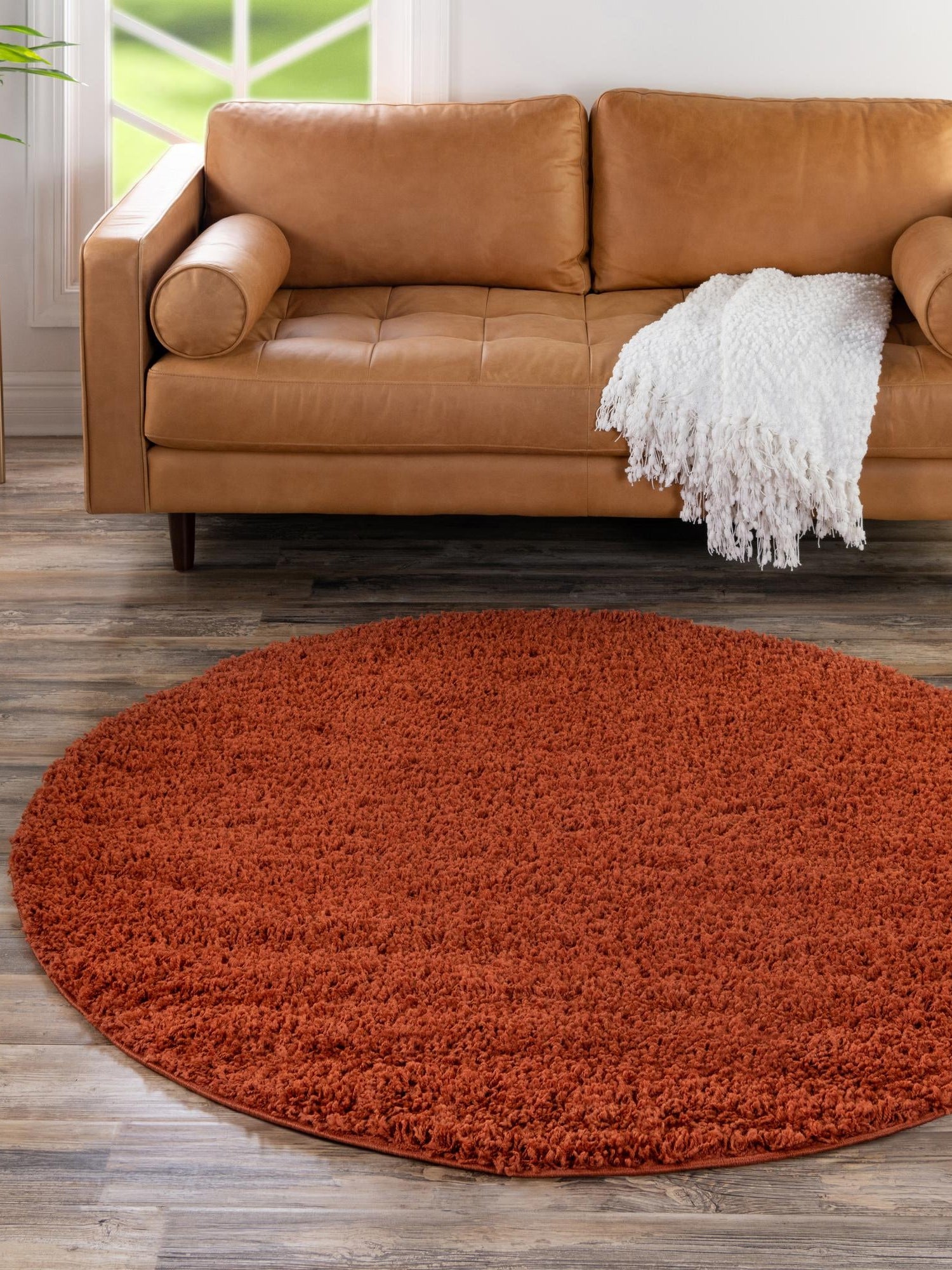 Terracotta 7' 1 x 7' 1 Solid Shag Round Area Rug Thick Soft Touch Fluffy & Plush Shaggy Pile Durable Minimalist Carpet for Classic Interior Design for Sale at Rug Engine