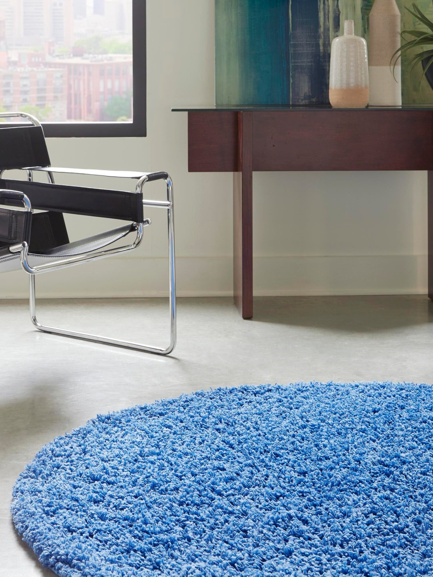 Periwinkle Blue 5' 3 x 5' 3 Solid Shag Round Area Rug Thick Soft Touch Fluffy & Plush Shaggy Pile Durable Minimalist Carpet for Classic Interior Design for Sale at Rug Engine