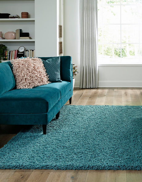 Deep Aqua Blue 7' 10 x 7' 10 Solid Shag Square Area Rug Thick Soft Touch Fluffy & Plush Shaggy Pile Durable Minimalist Carpet for Classic Interior Design for Sale at Rug Engine