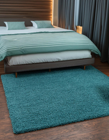 Deep Aqua Blue 7' 10 x 7' 10 Solid Shag Square Area Rug Thick Soft Touch Fluffy & Plush Shaggy Pile Durable Minimalist Carpet for Classic Interior Design for Sale at Rug Engine