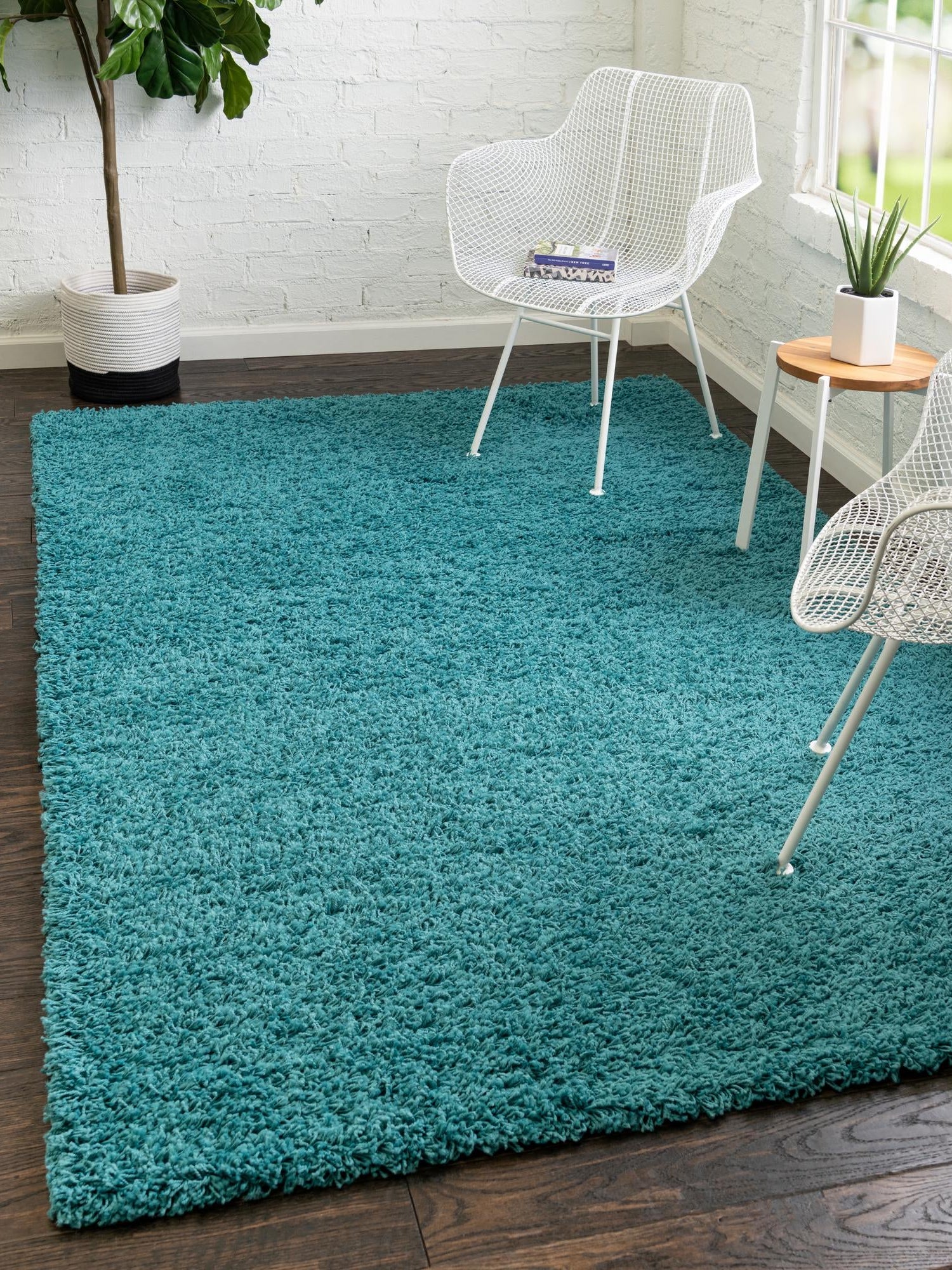 Deep Aqua Blue 1' x 1' Solid Shag Sample Area Rug Thick Soft Touch Fluffy & Plush Shaggy Pile Durable Minimalist Carpet for Classic Interior Design for Sale at Rug Engine