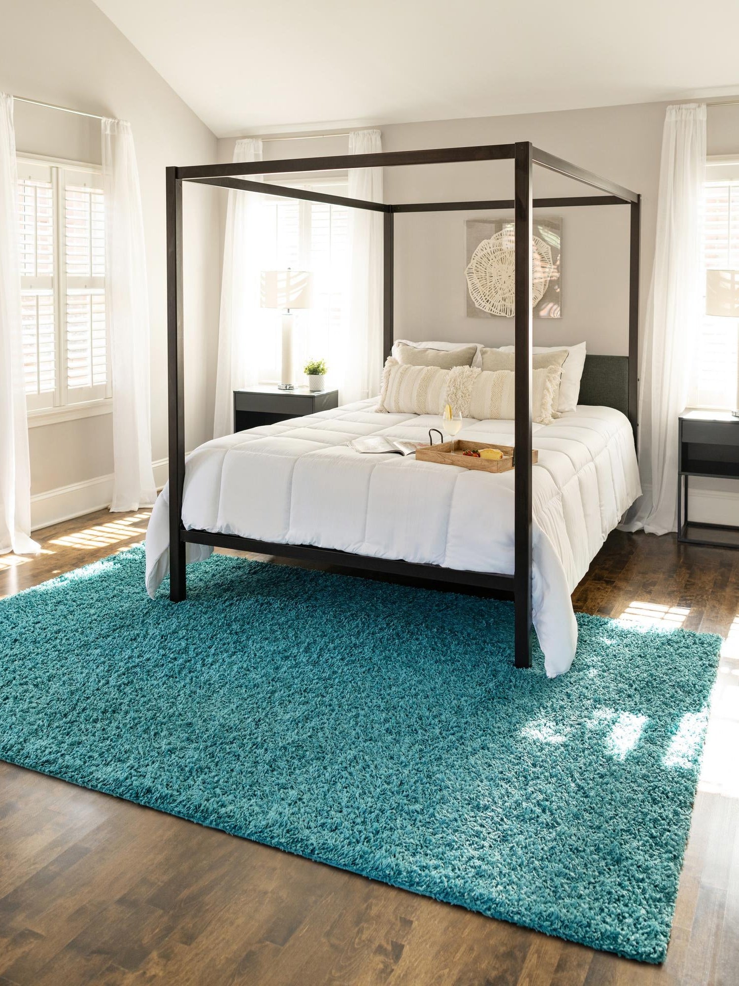 Deep Aqua Blue 4' 1 x 6' 1 Solid Shag Rectangle Area Rug Thick Soft Touch Fluffy & Plush Shaggy Pile Durable Minimalist Carpet for Classic Interior Design for Sale at Rug Engine