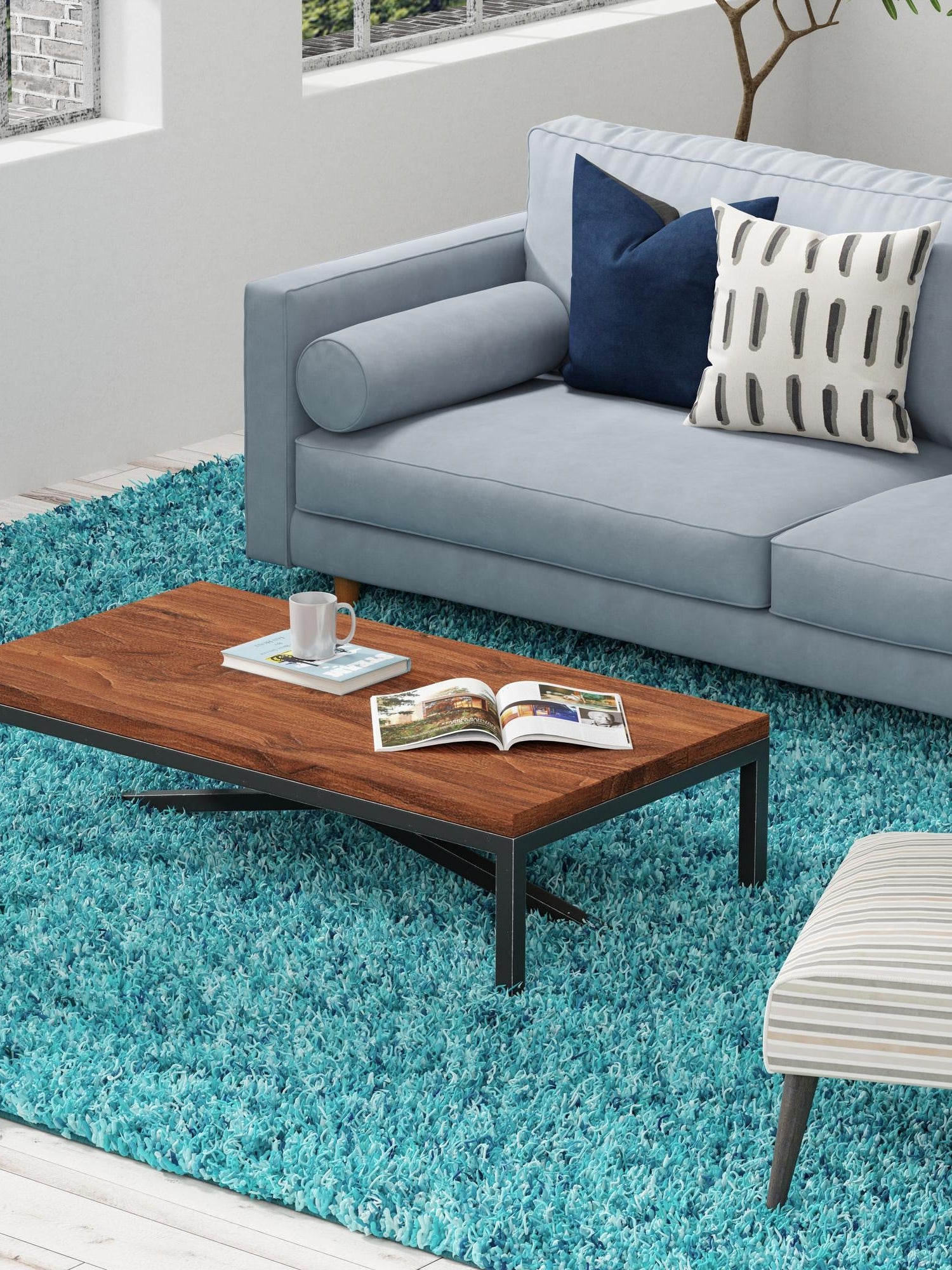 Deep Aqua Blue 5' 3 x 8' Solid Shag Rectangle Area Rug Thick Soft Touch Fluffy & Plush Shaggy Pile Durable Minimalist Carpet for Classic Interior Design for Sale at Rug Engine