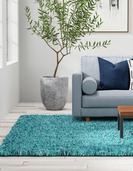 Deep Aqua Blue 7' 10 x 11' Solid Shag Rectangle Area Rug Thick Soft Touch Fluffy & Plush Shaggy Pile Durable Minimalist Carpet for Classic Interior Design for Sale at Rug Engine