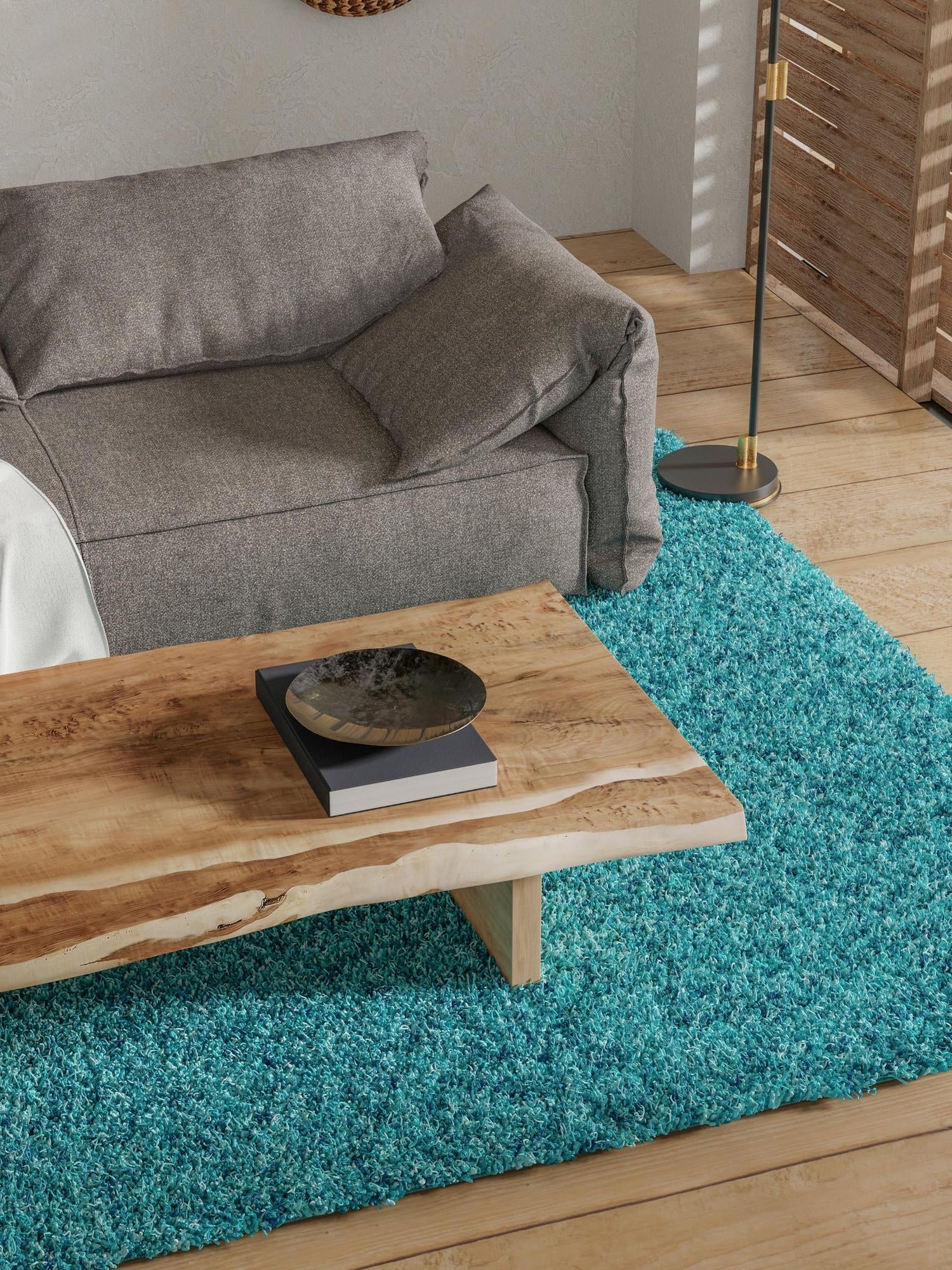 Deep Aqua Blue 4' 1 x 6' 1 Solid Shag Rectangle Area Rug Thick Soft Touch Fluffy & Plush Shaggy Pile Durable Minimalist Carpet for Classic Interior Design for Sale at Rug Engine