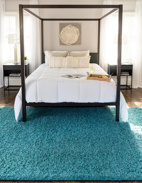 Deep Aqua Blue 4' 1 x 6' 1 Solid Shag Rectangle Area Rug Thick Soft Touch Fluffy & Plush Shaggy Pile Durable Minimalist Carpet for Classic Interior Design for Sale at Rug Engine
