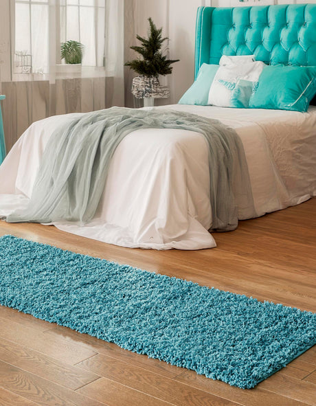 Deep Aqua Blue 2' 7 x 19' 8 Solid Shag Runner Area Rug Thick Soft Touch Fluffy & Plush Shaggy Pile Durable Minimalist Carpet for Classic Interior Design for Sale at Rug Engine