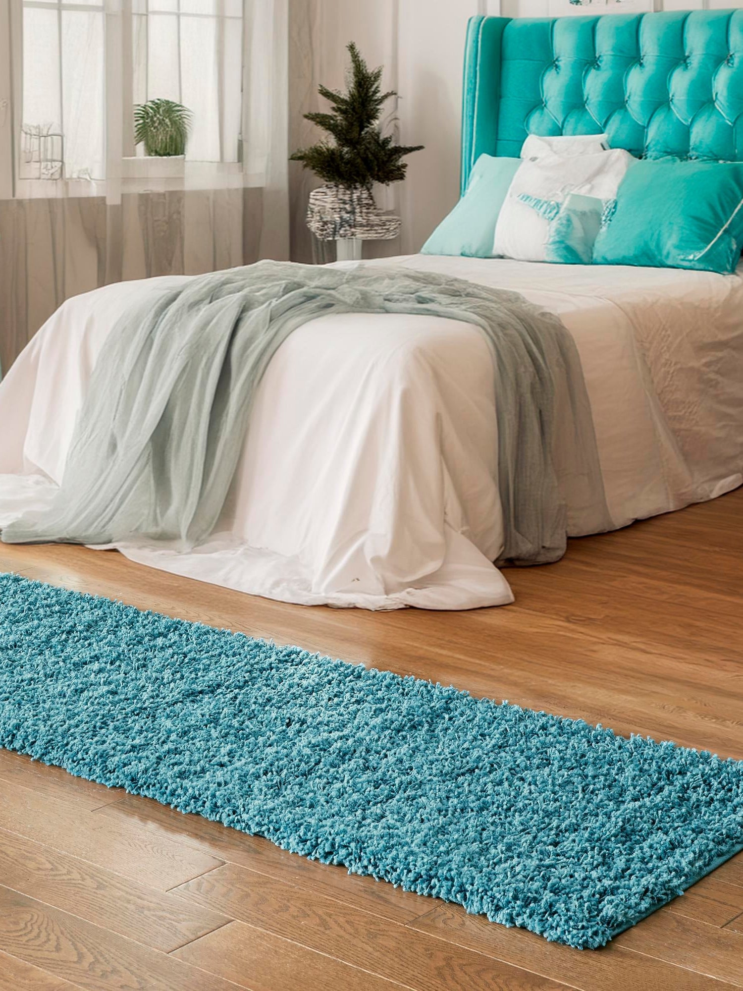 Deep Aqua Blue 2' 7 x 16' 5 Solid Shag Runner Area Rug Thick Soft Touch Fluffy & Plush Shaggy Pile Durable Minimalist Carpet for Classic Interior Design for Sale at Rug Engine