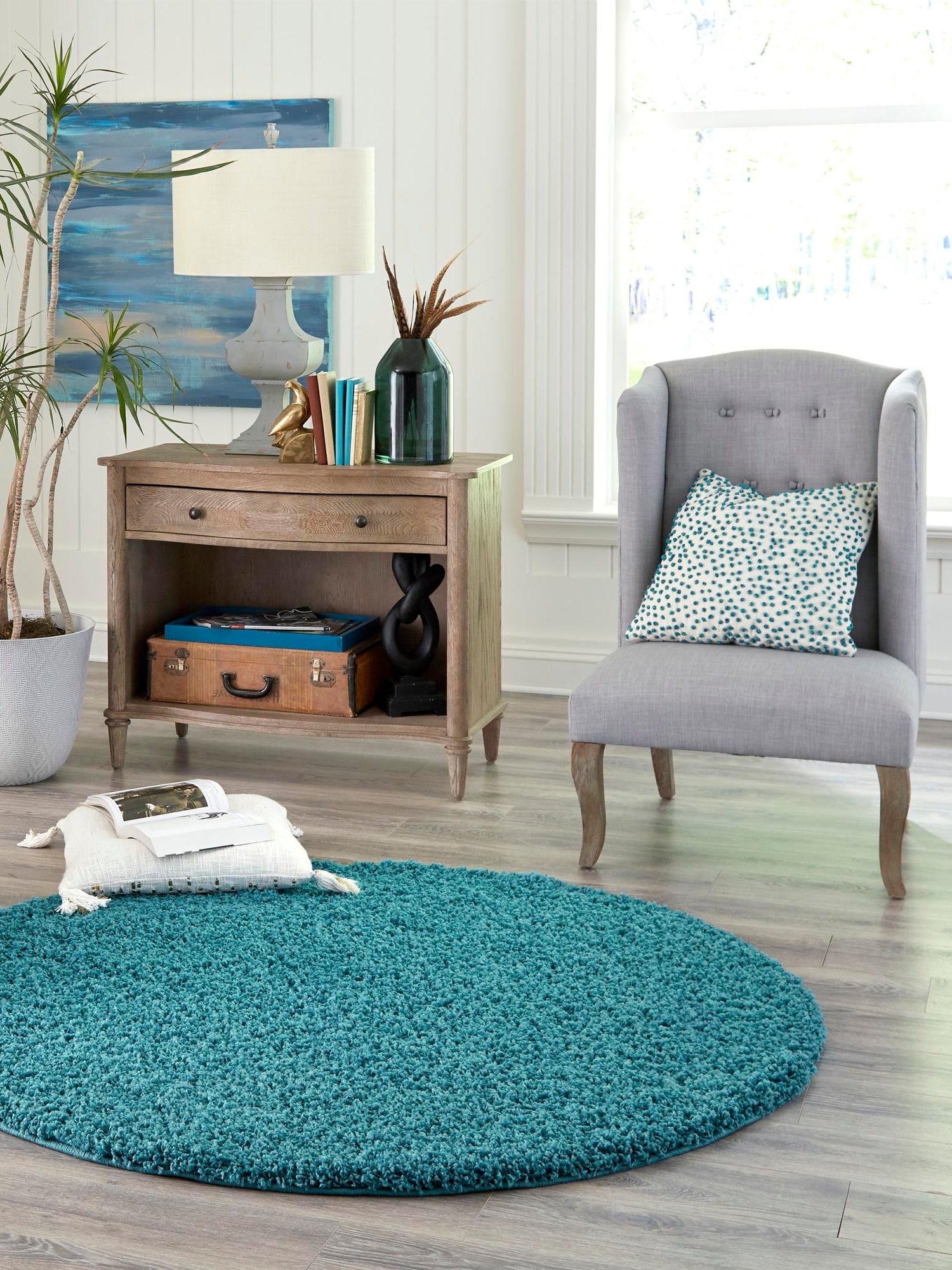 Deep Aqua Blue 7' 10 x 7' 10 Solid Shag Round Area Rug Thick Soft Touch Fluffy & Plush Shaggy Pile Durable Minimalist Carpet for Classic Interior Design for Sale at Rug Engine