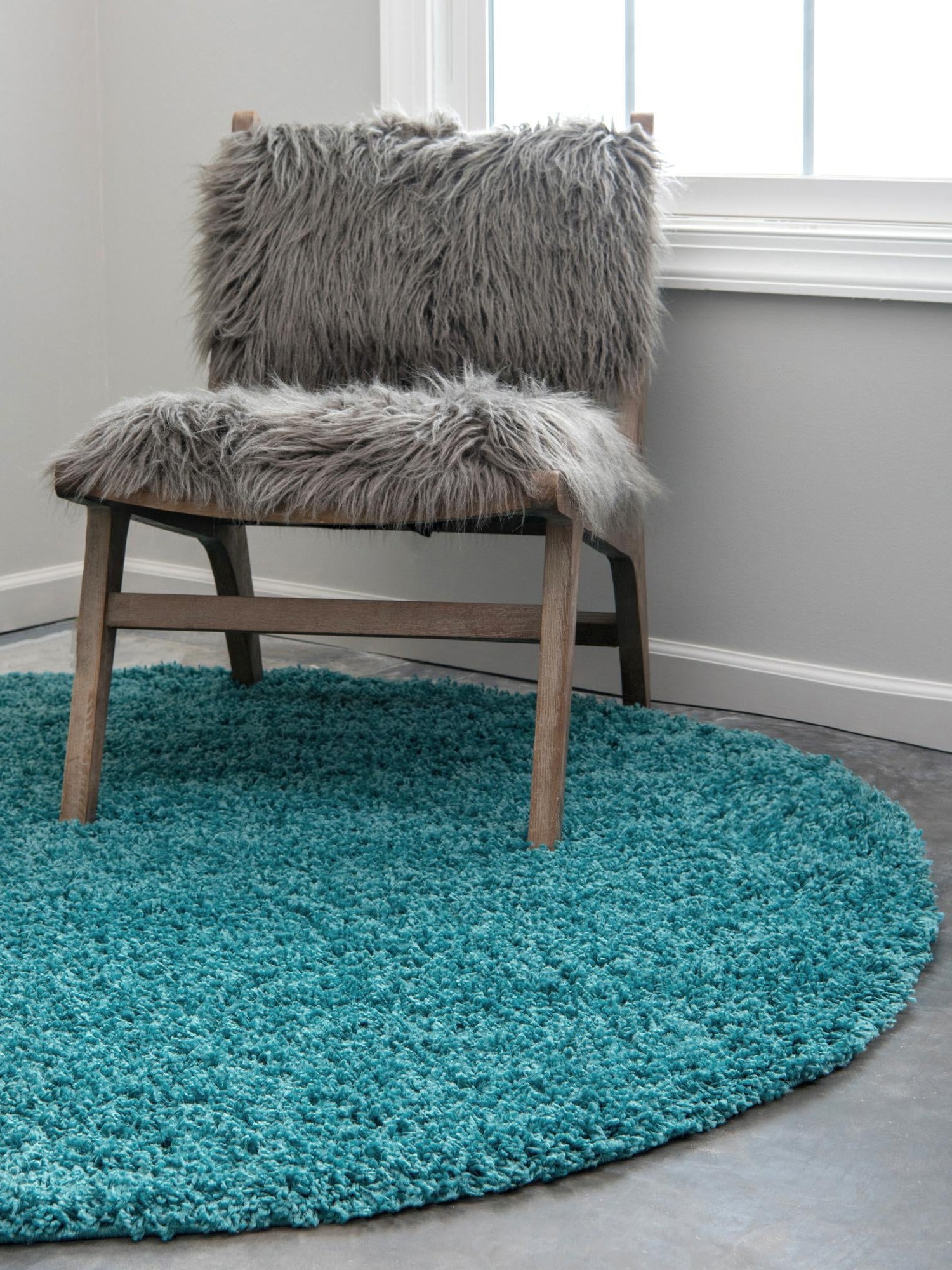 Deep Aqua Blue 7' 10 x 7' 10 Solid Shag Round Area Rug Thick Soft Touch Fluffy & Plush Shaggy Pile Durable Minimalist Carpet for Classic Interior Design for Sale at Rug Engine
