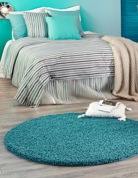 Deep Aqua Blue 3' 1 x 3' 1 Solid Shag Round Area Rug Thick Soft Touch Fluffy & Plush Shaggy Pile Durable Minimalist Carpet for Classic Interior Design for Sale at Rug Engine