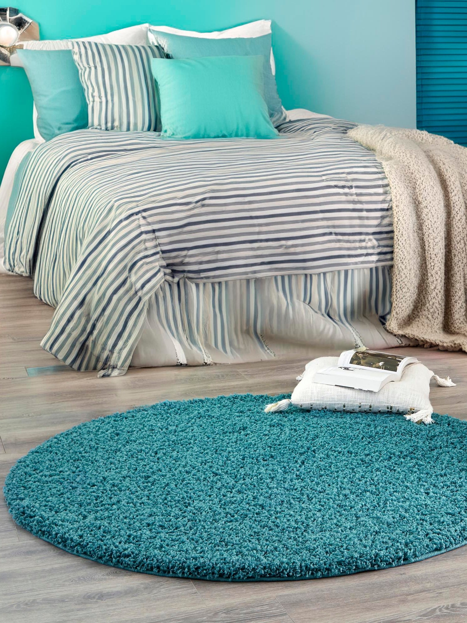 Deep Aqua Blue 6' 1 x 6' 1 Solid Shag Round Area Rug Thick Soft Touch Fluffy & Plush Shaggy Pile Durable Minimalist Carpet for Classic Interior Design for Sale at Rug Engine