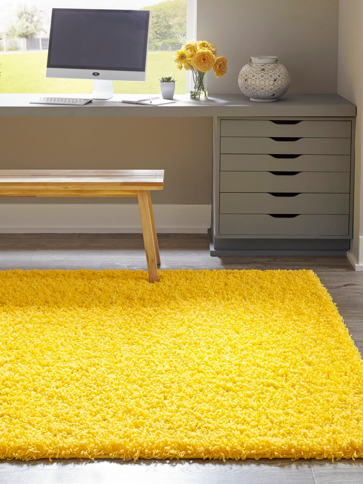 Tuscan Sun Yellow 9' x 12' Solid Shag Rectangle Area Rug Thick Soft Touch Fluffy & Plush Shaggy Pile Durable Minimalist Carpet for Classic Interior Design for Sale at Rug Engine