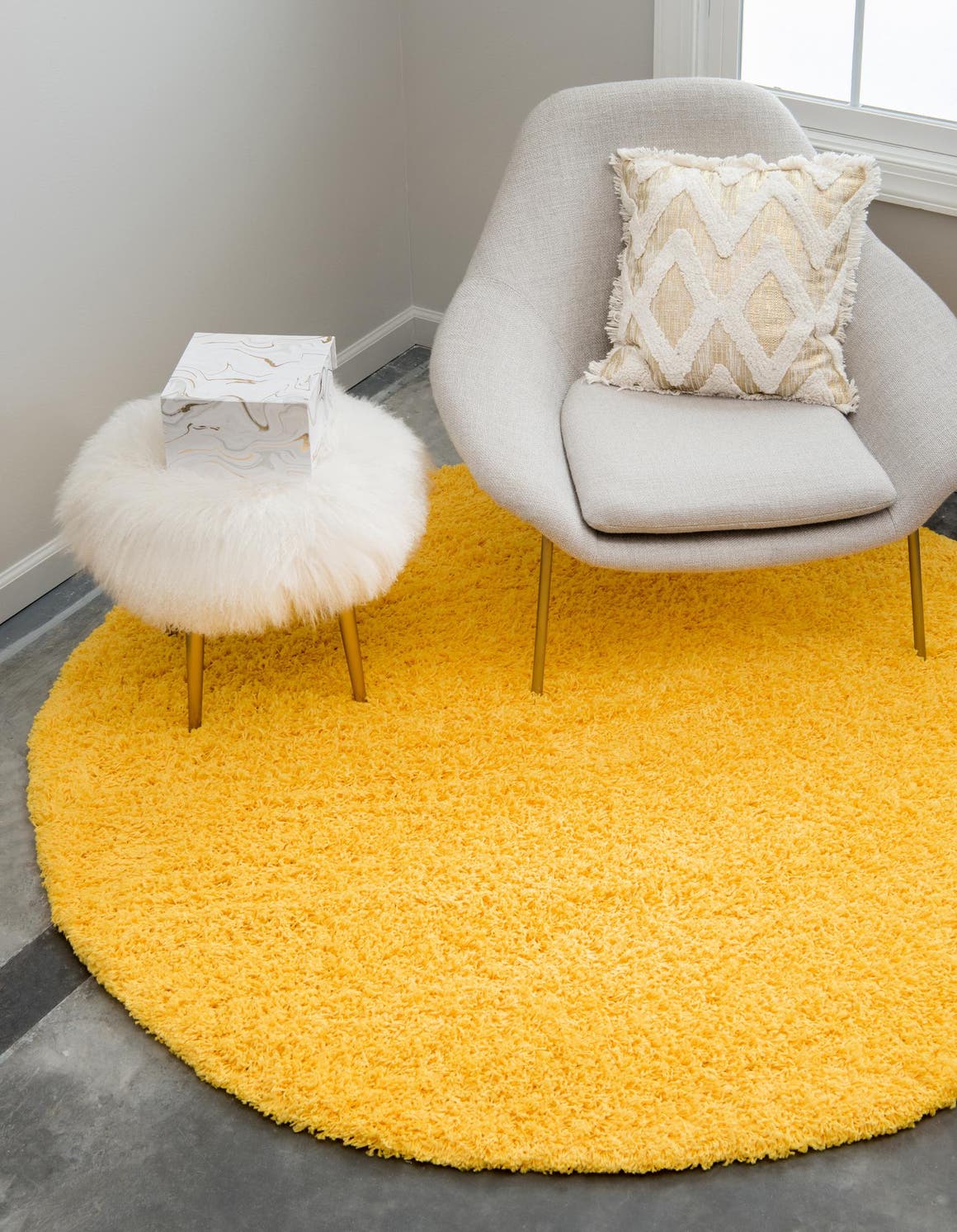 Tuscan Sun Yellow 6' 1 x 6' 1 Solid Shag Round Area Rug Thick Soft Touch Fluffy & Plush Shaggy Pile Durable Minimalist Carpet for Classic Interior Design for Sale at Rug Engine