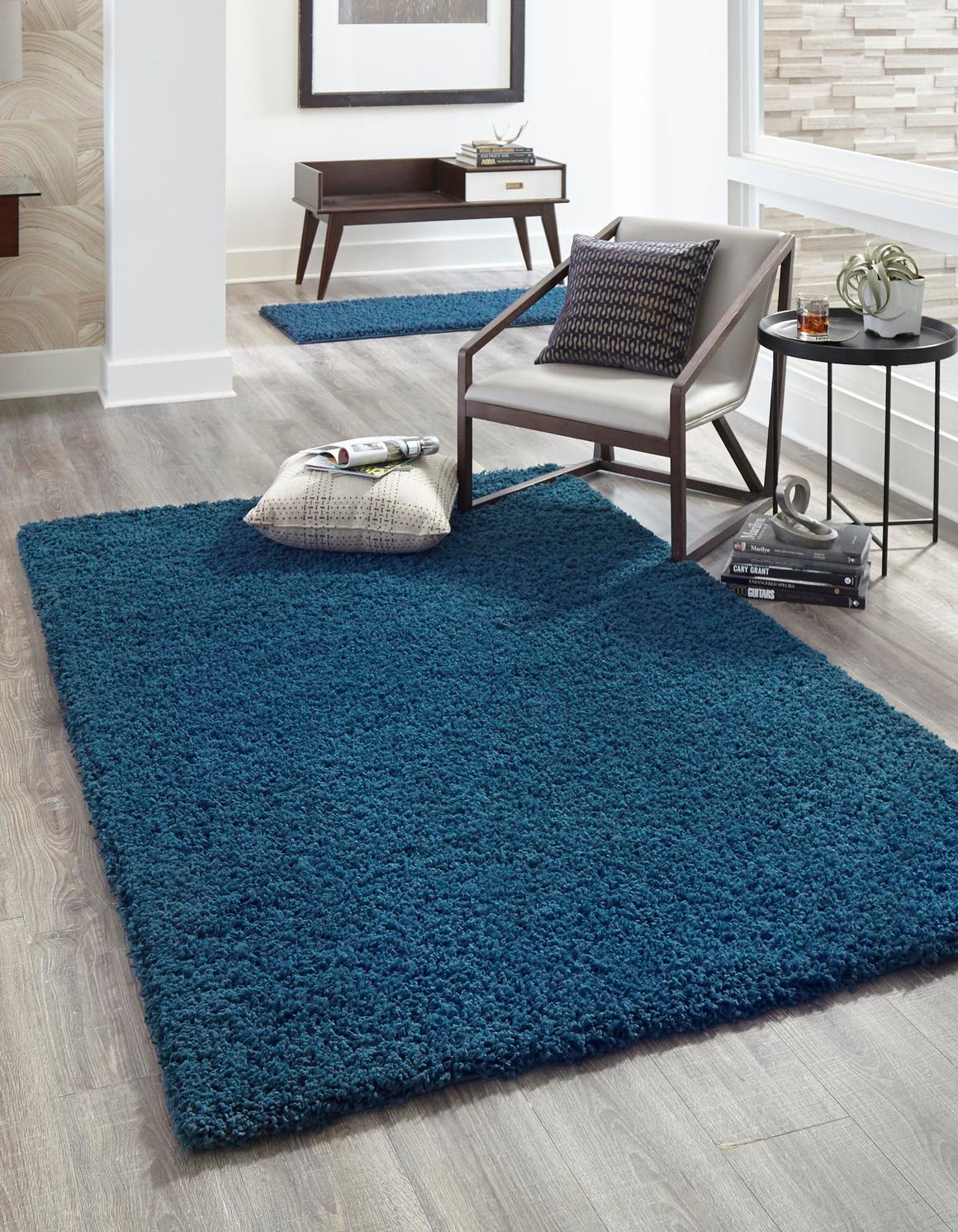 Sapphire Blue 7' 1 x 10' Solid Shag Rectangle Area Rug Thick Soft Touch Fluffy & Plush Shaggy Pile Durable Minimalist Carpet for Classic Interior Design for Sale at Rug Engine