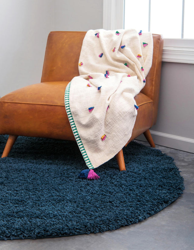 Sapphire Blue 3' 1 x 3' 1 Solid Shag Round Area Rug Thick Soft Touch Fluffy & Plush Shaggy Pile