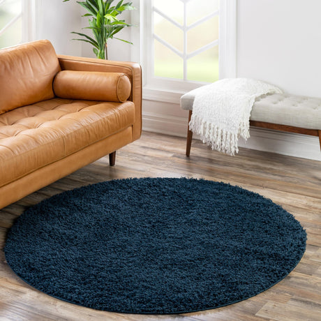 Sapphire Blue 7' 10 x 7' 10 Solid Shag Round Area Rug Thick Soft Touch Fluffy & Plush Shaggy Pile Durable Minimalist Carpet for Classic Interior Design for Sale at Rug Engine
