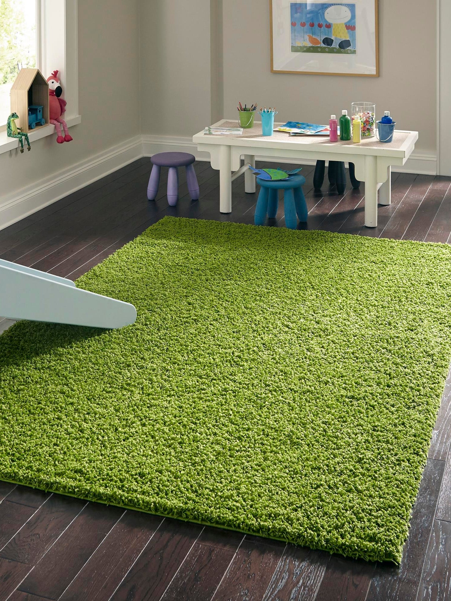 Grass Green 7' 1 x 10' Solid Shag Rectangle Area Rug Thick Soft Touch Fluffy & Plush Shaggy Pile Durable Minimalist Carpet for Classic Interior Design for Sale at Rug Engine