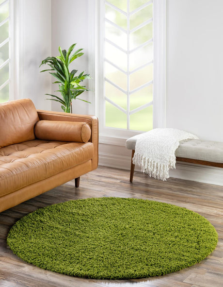 Grass Green 4' 1 x 4' 1 Solid Shag Round Area Rug Thick Soft Touch Fluffy & Plush Shaggy Pile