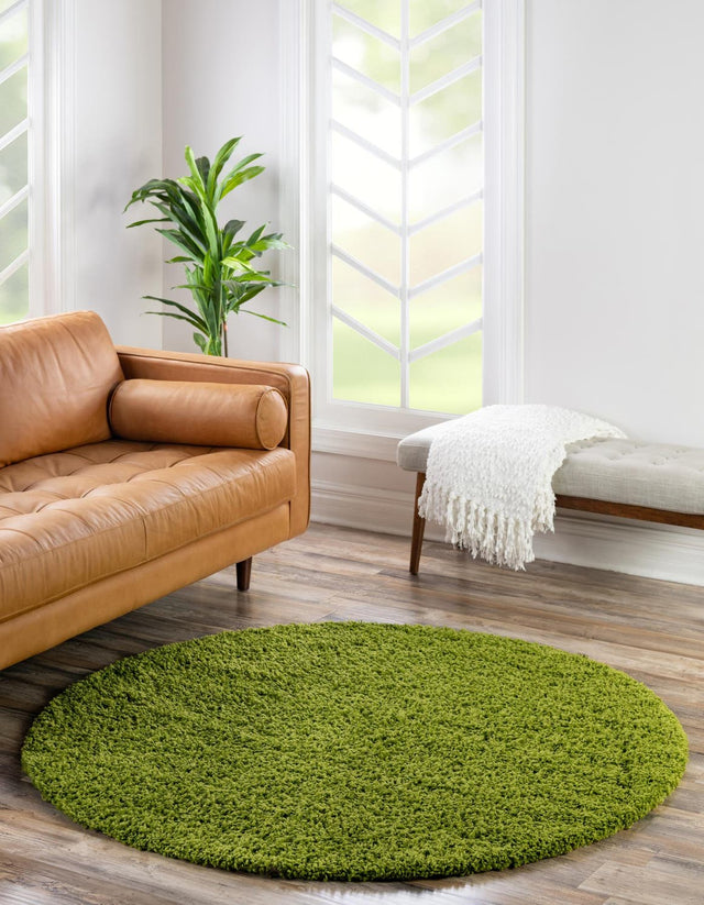 Grass Green 4' 1 x 4' 1 Solid Shag Round Area Rug Thick Soft Touch Fluffy & Plush Shaggy Pile