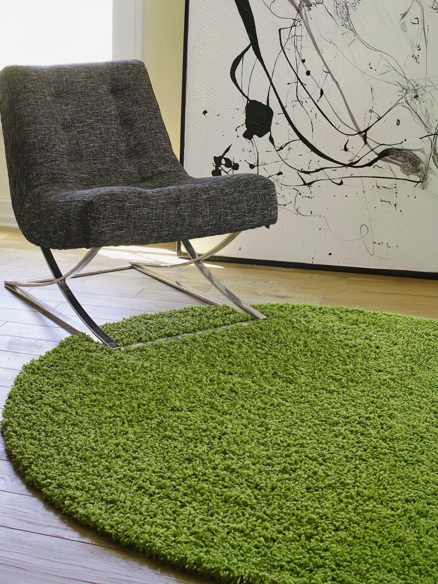 Grass Green 5' 3 x 5' 3 Solid Shag Round Area Rug Thick Soft Touch Fluffy & Plush Shaggy Pile Durable Minimalist Carpet for Classic Interior Design for Sale at Rug Engine