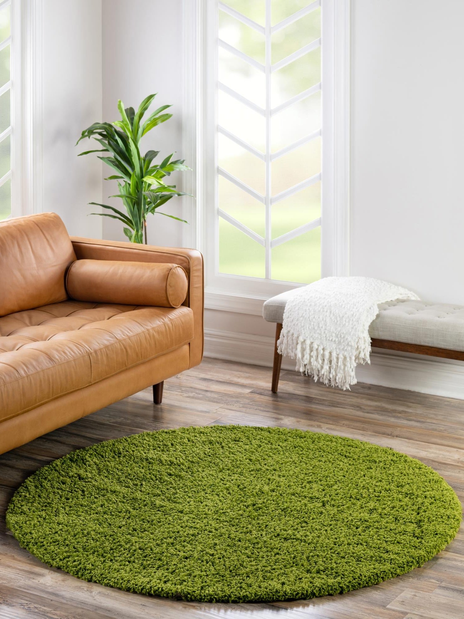 Grass Green 4' 1 x 4' 1 Solid Shag Round Area Rug Thick Soft Touch Fluffy & Plush Shaggy Pile Durable Minimalist Carpet for Classic Interior Design for Sale at Rug Engine